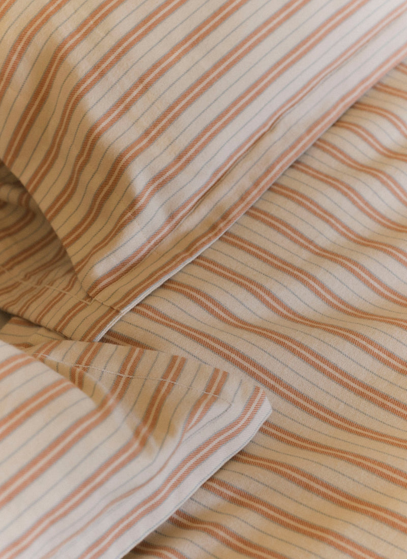 Ines Flannel Stripe Cotton Oxford Pillowcase Set | Apricot/Soft Blue