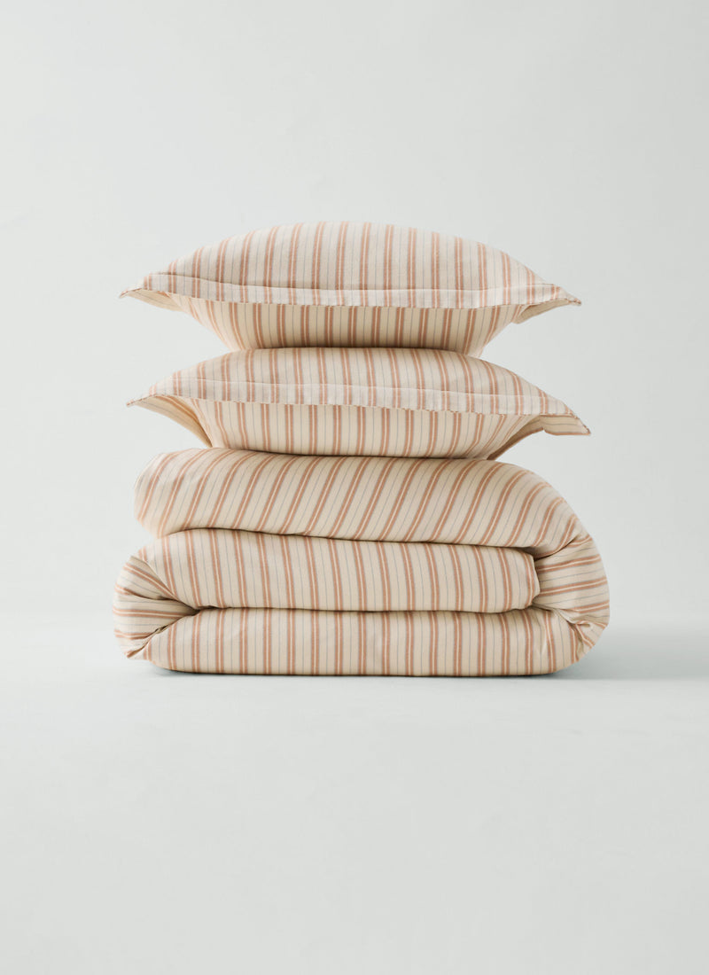 Ines Flannel Stripe Cotton Oxford Pillowcase Set | Apricot/Soft Blue