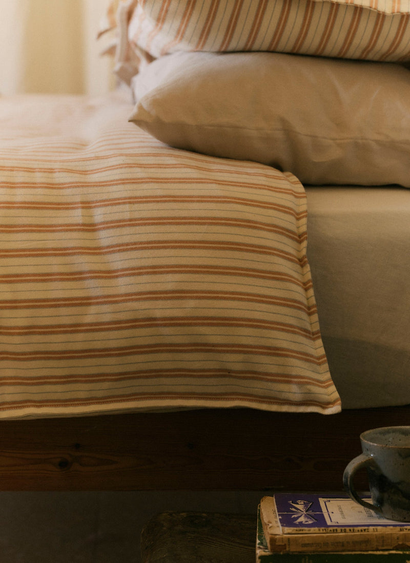 Ines Flannel Stripe Cotton Duvet Cover | Apricot/Soft Blue