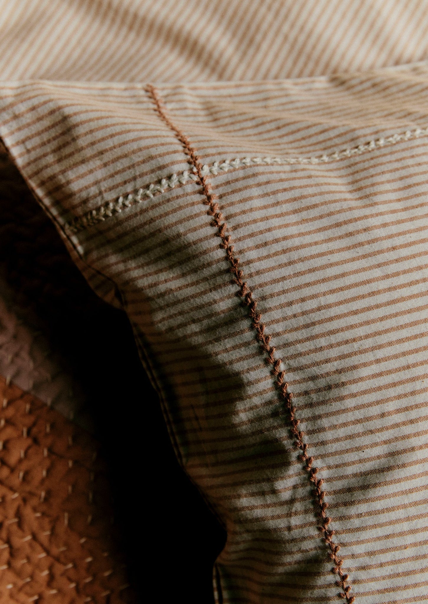 Soft Stripe Cotton Embroidered Pillowcase | Clay/Ecru