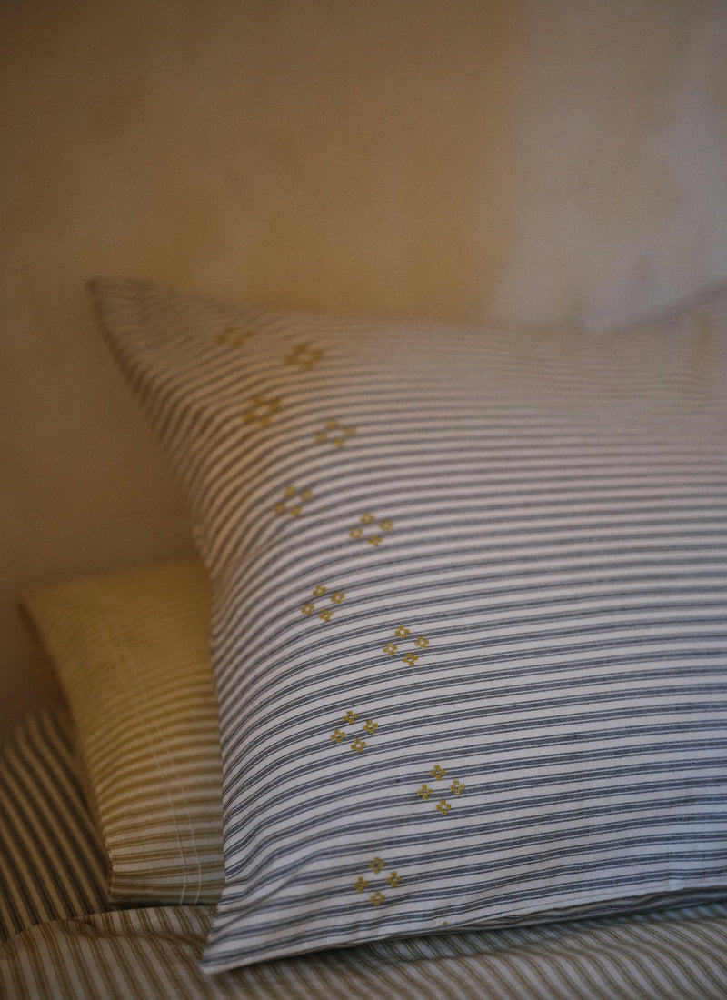 Organic Cotton Ticking Stripe Embroidered Square Pillowcase | Ecru/Graphite