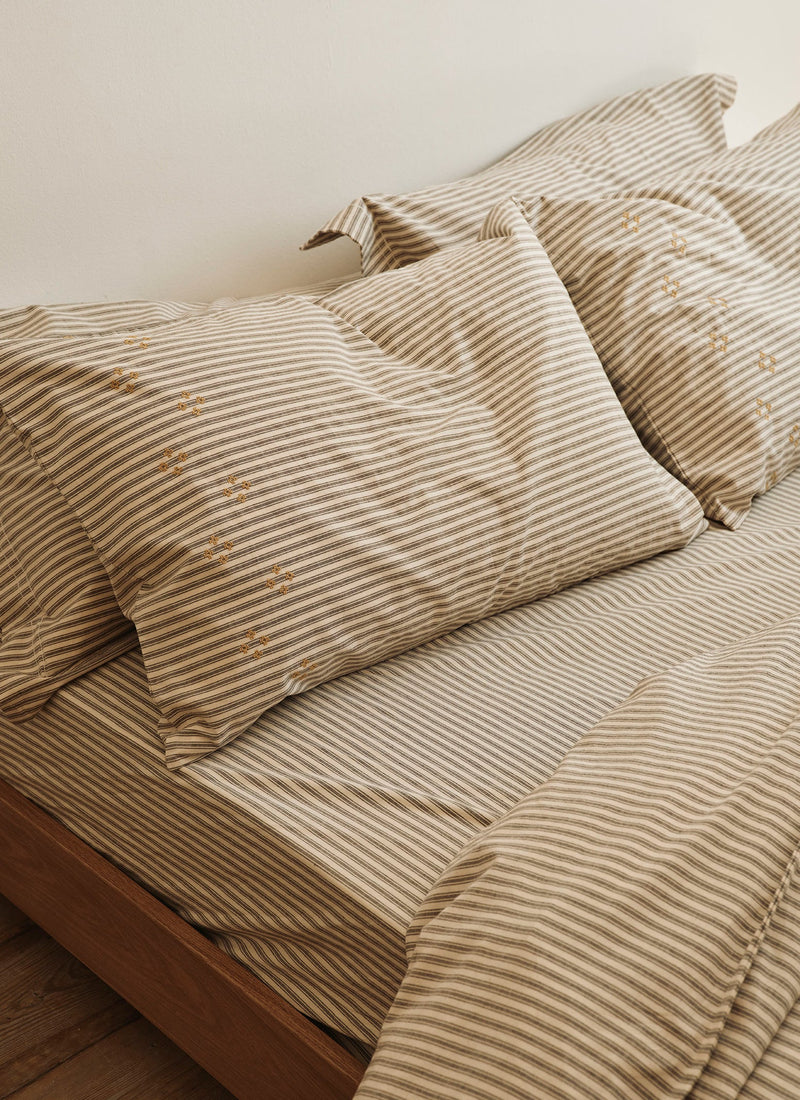 Organic Cotton Ticking Stripe Embroidered Housewife Pillowcase | Ecru/Graphite