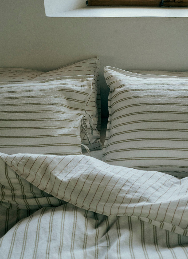 Mina Stripe Linen Cotton Side Tie Pillowcase Set | Ivory/Olive