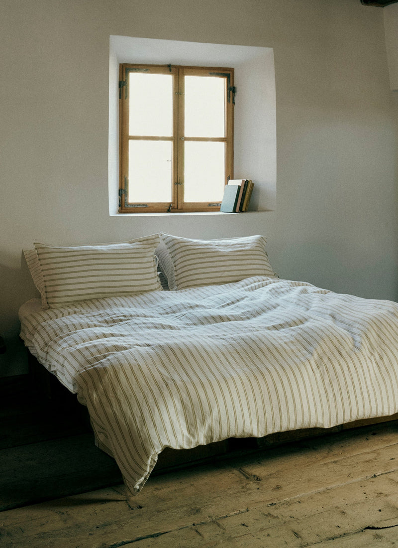 Mina Stripe Linen Cotton Side Tie Pillowcase Set | Ivory/Olive