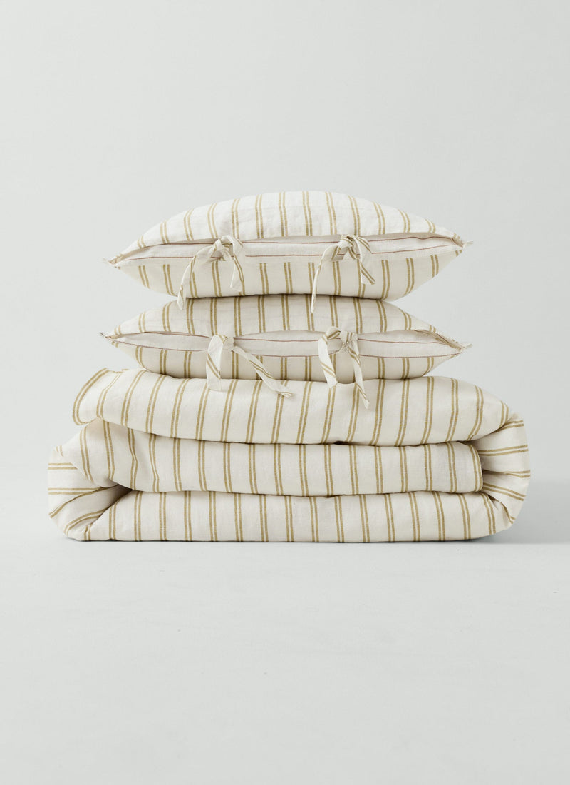 Mina Stripe Linen Cotton Side Tie Pillowcase Set | Ivory/Olive