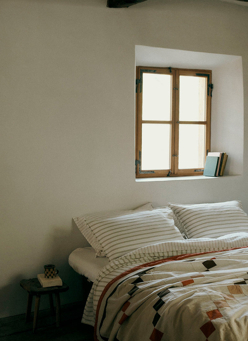 Mina Stripe Linen Cotton Side Tie Pillowcase Set | Ivory/Olive