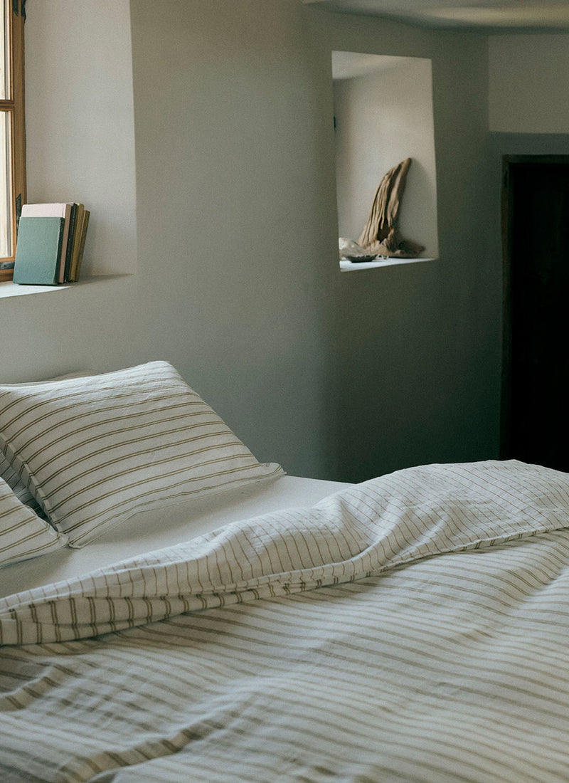 Mina Stripe Linen Cotton US Duvet Cover | Ivory/Olive/Caramel
