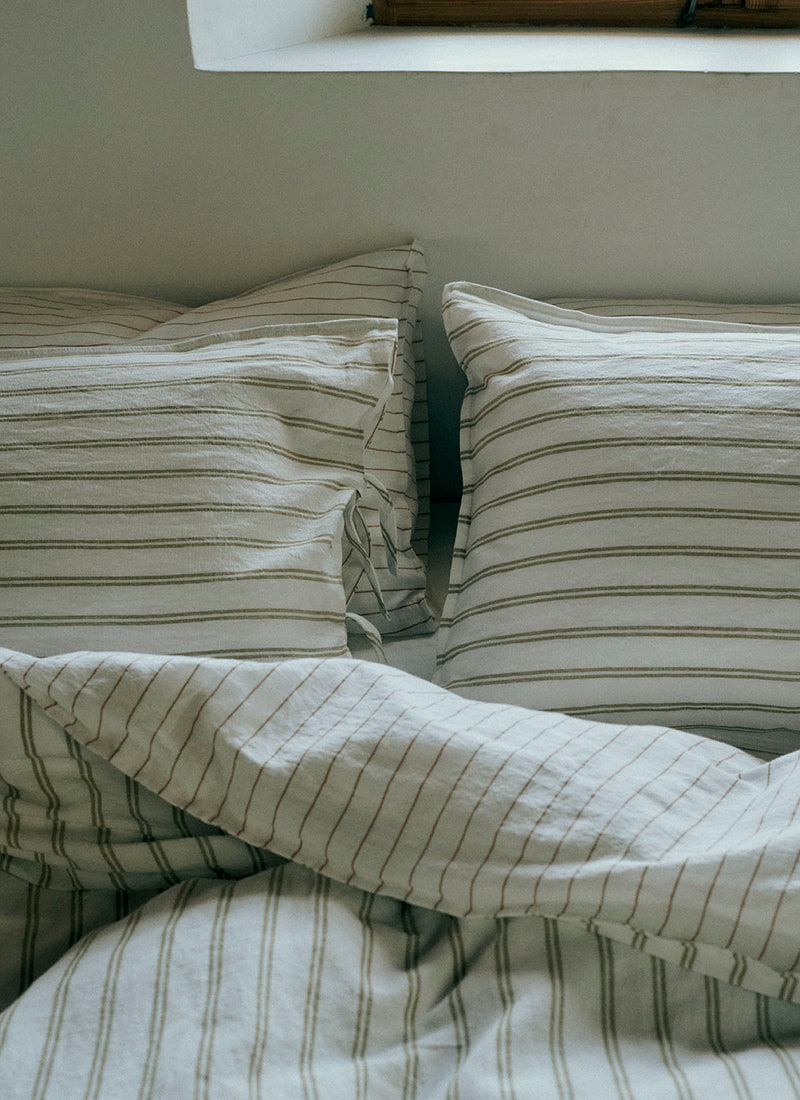 Mina Stripe Linen Cotton US Duvet Cover | Ivory/Olive/Caramel