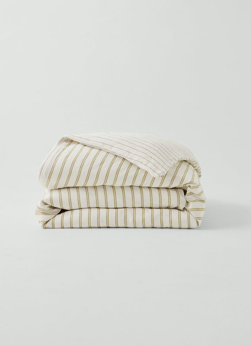 Mina Stripe Linen Cotton US Duvet Cover | Ivory/Olive/Caramel