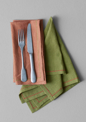 Embroidered Cotton Linen Napkin Set | Moss/Clay