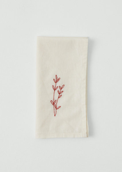 Embroidered Sprig Cotton Linen Napkin | Ecru/Red Clay