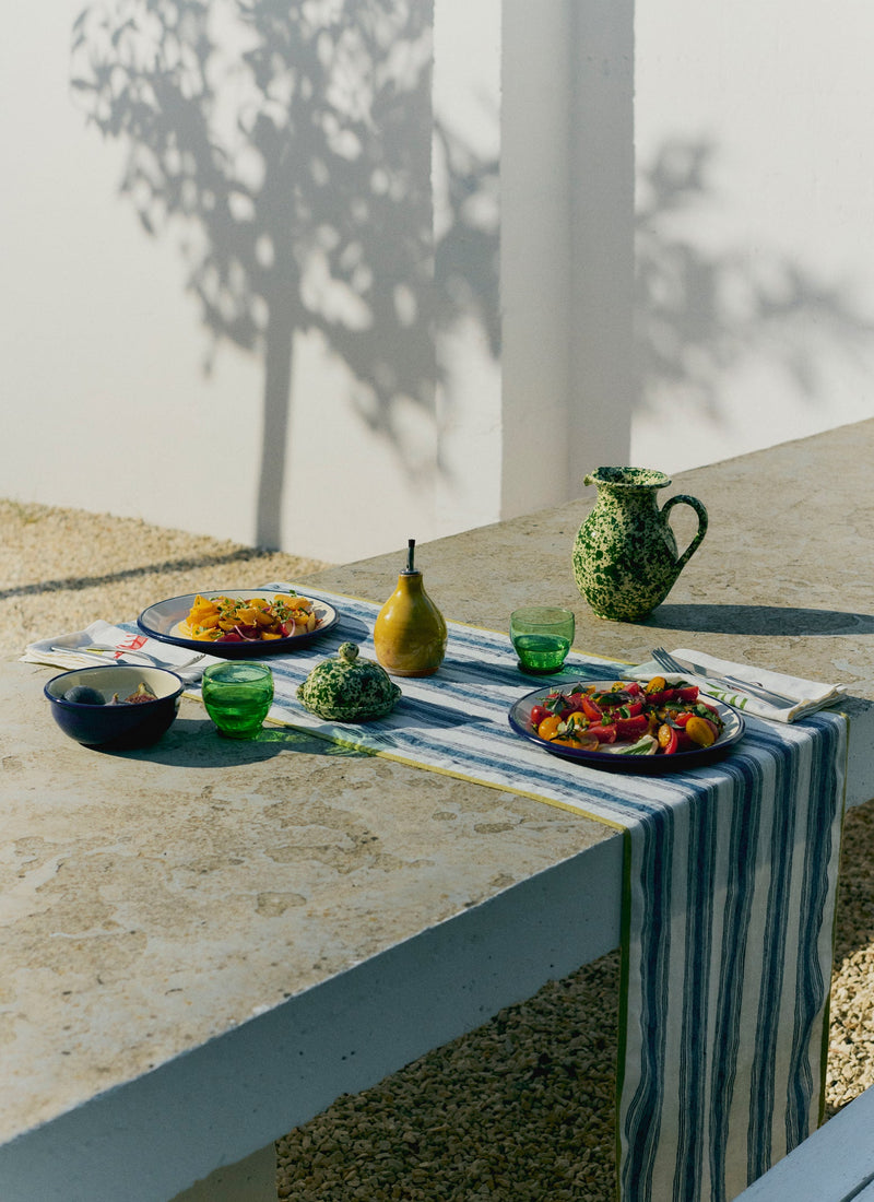 Chef Stripe Linen Tablecloth | Ecru/Multi Blue