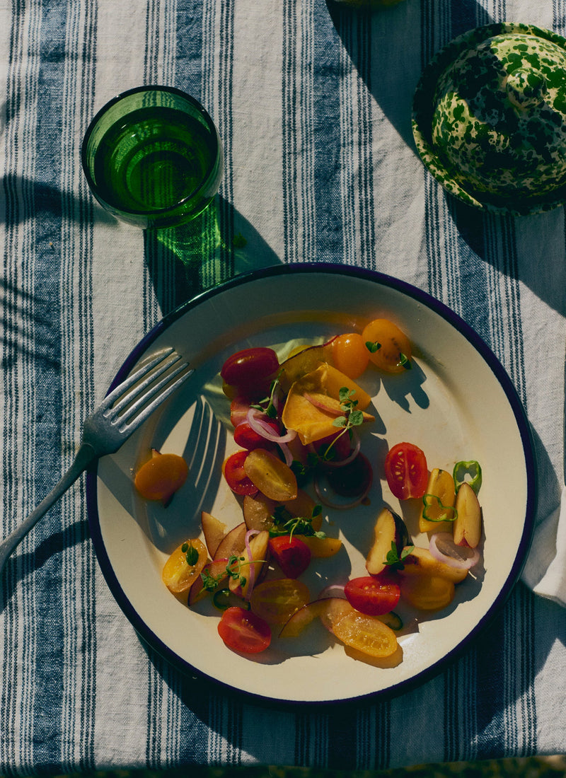 Chef Stripe Linen Tablecloth | Ecru/Multi Blue