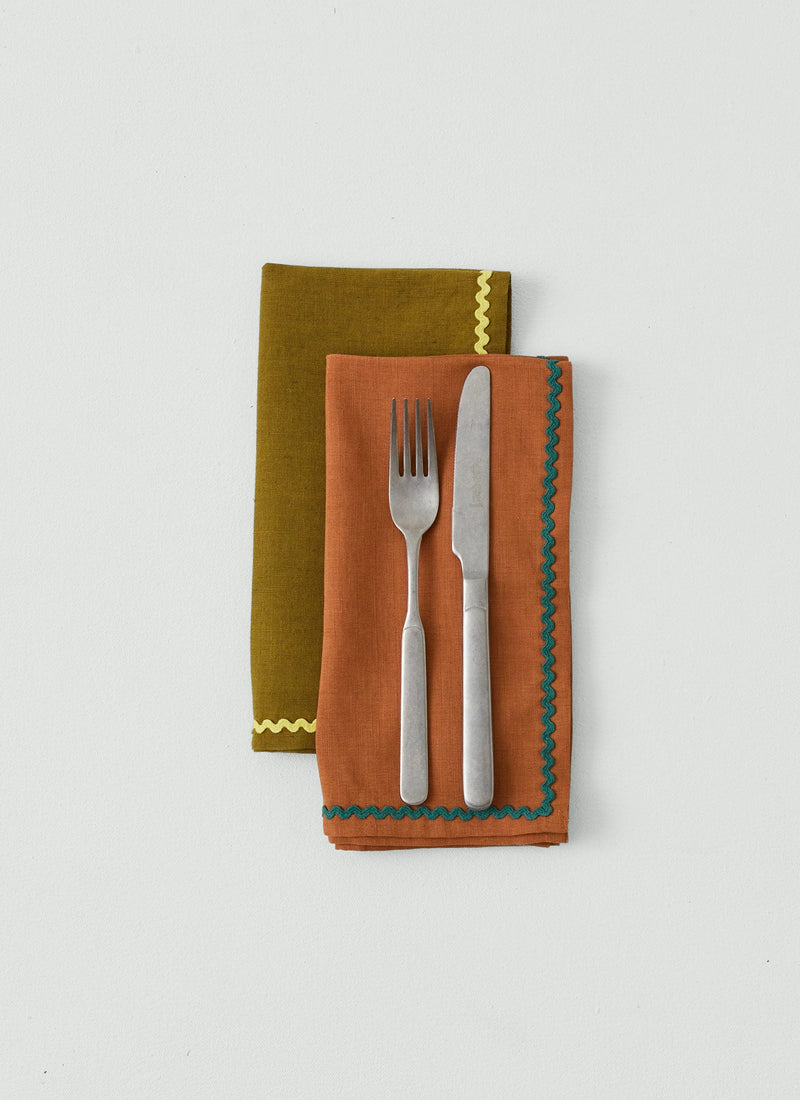 Ric Rac Border Cotton Linen Napkin | Clay/Jade