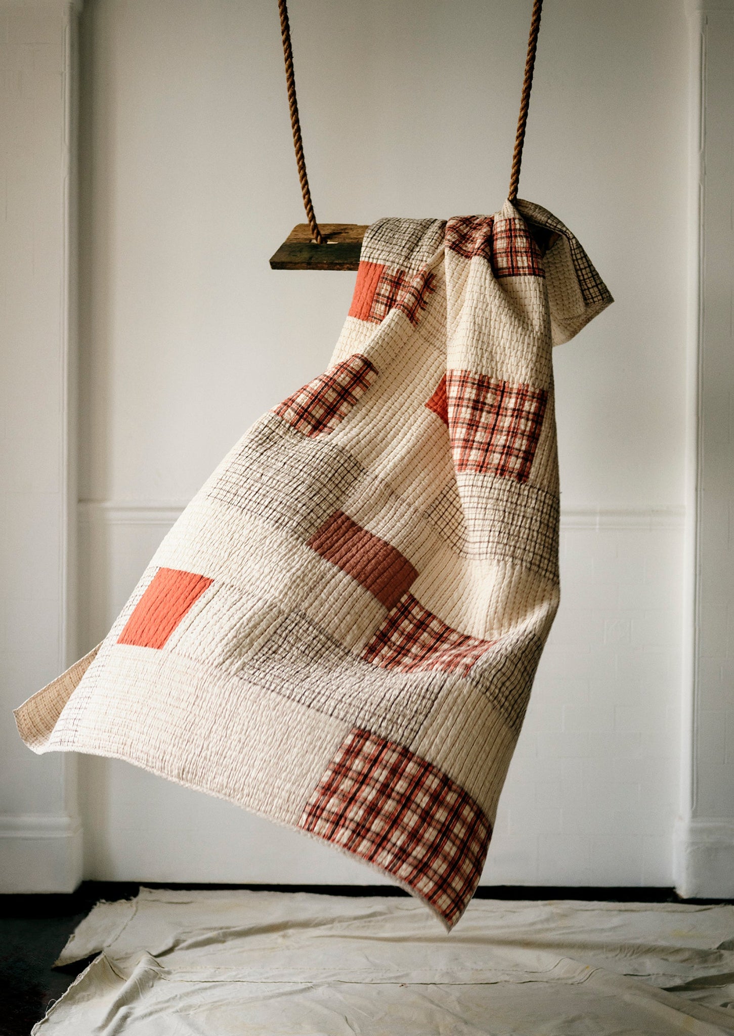 Patched Check Hand Woven Cotton Quilt | Ecru/Coral/Prune