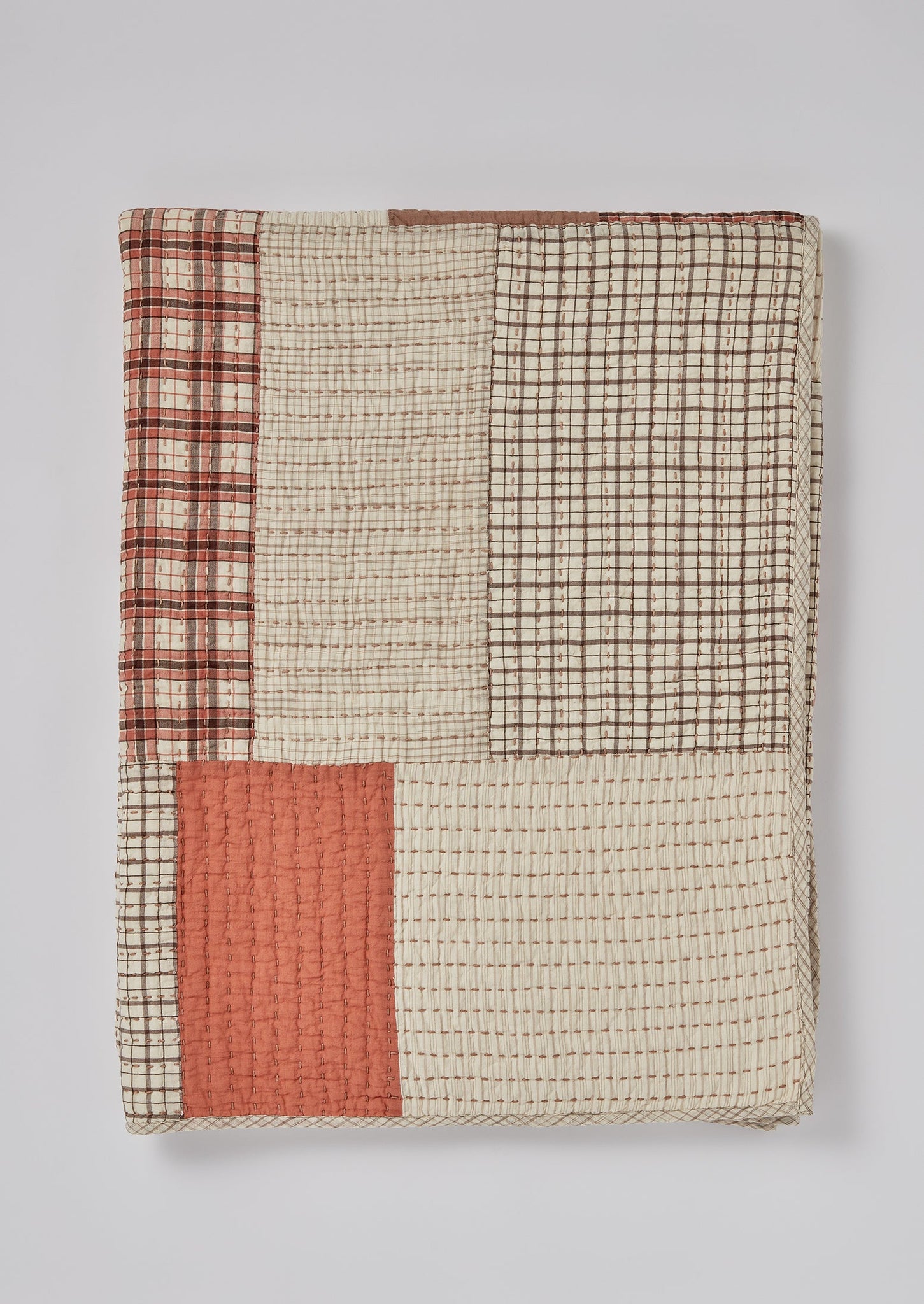 Patched Check Hand Woven Cotton Quilt | Ecru/Coral/Prune
