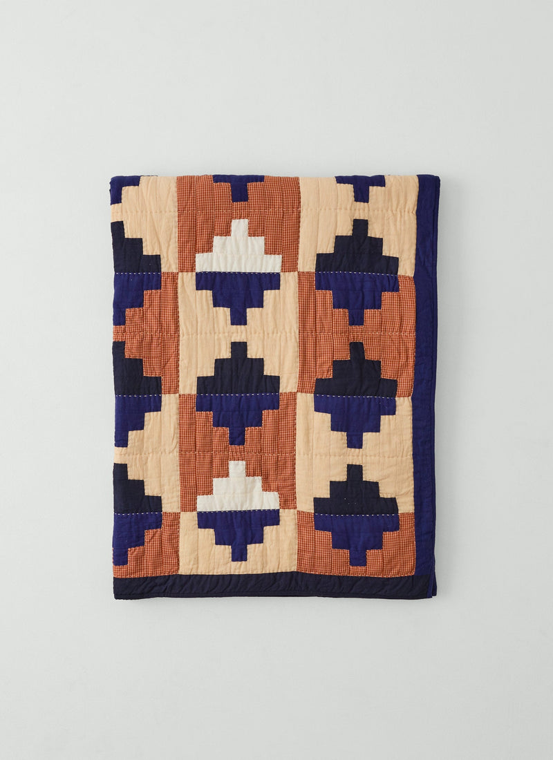 Folk Cotton Patchwork Quilt | Cornflower Blue/Terracotta