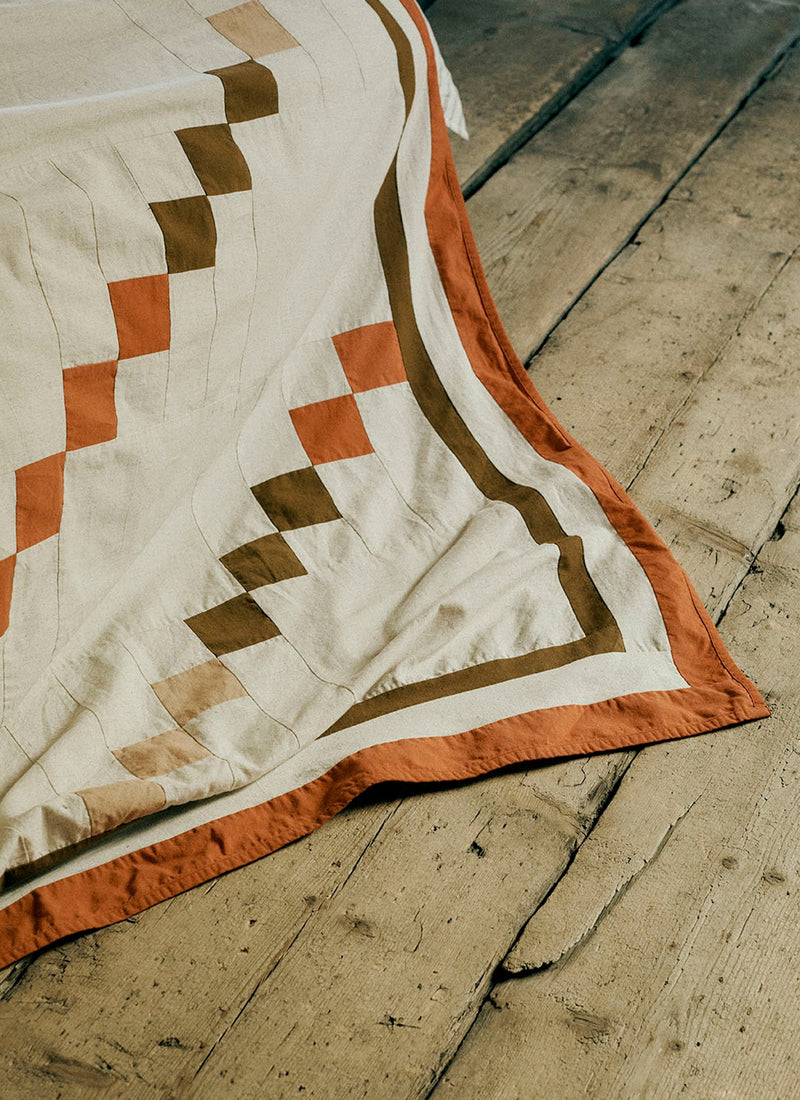 Gable Patchwork Cotton Lightweight Bedspread | Ecru/Rich Ochre/Coral