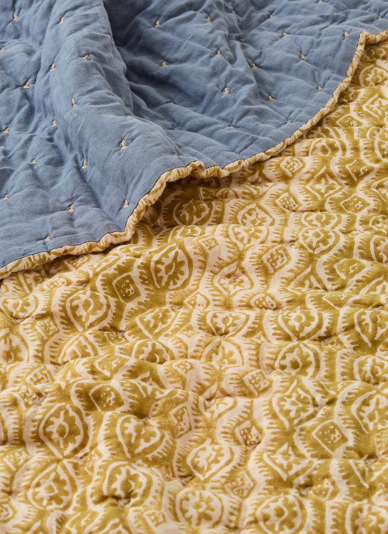 Peggy Angus Small Damask Block Print Quilt | Flax/Dusk Blue