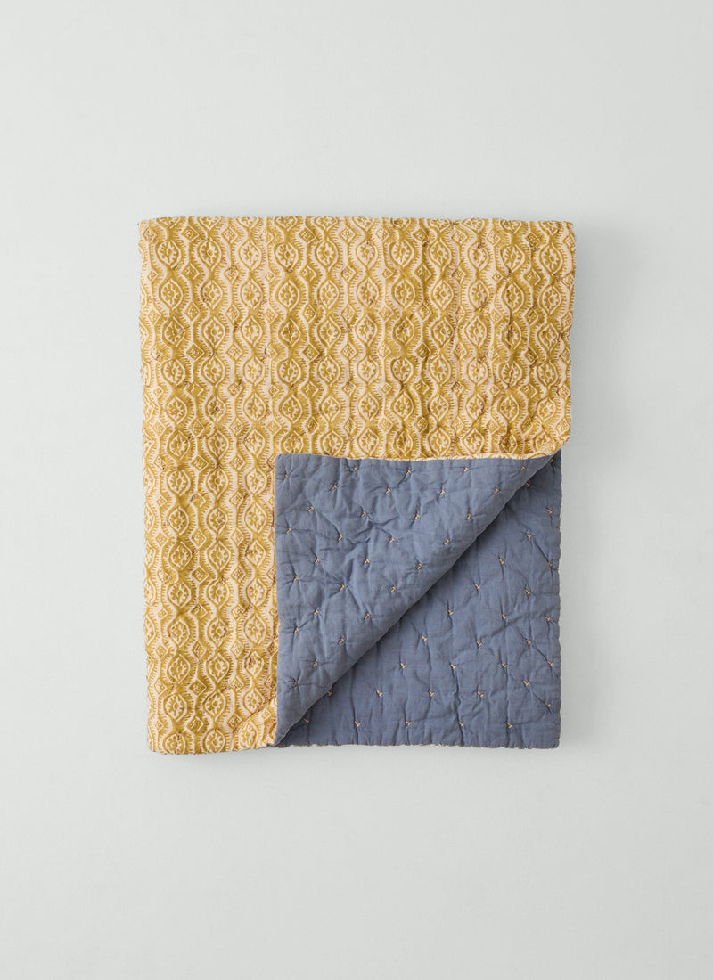 Peggy Angus Small Damask Block Print Quilt | Flax/Dusk Blue