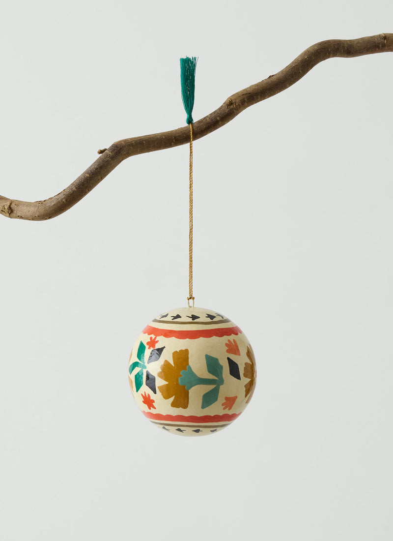 Stencil Floral Hand Painted Bauble | Ecru/Ochre/Emerald
