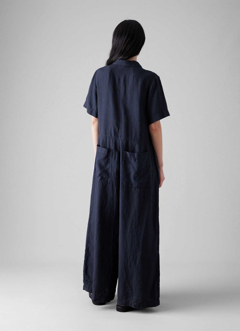 Gathered Waist Linen Jumpsuit | Midnight