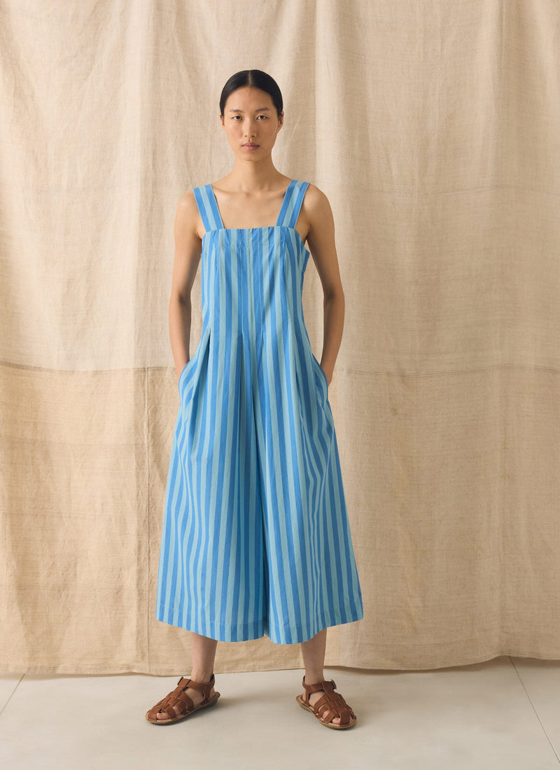 Oyo Stripe Cotton Jumpsuit | Aqua/Cornflower