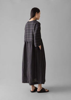 Fine Stripe Linen V-Neck Dress | Onyx