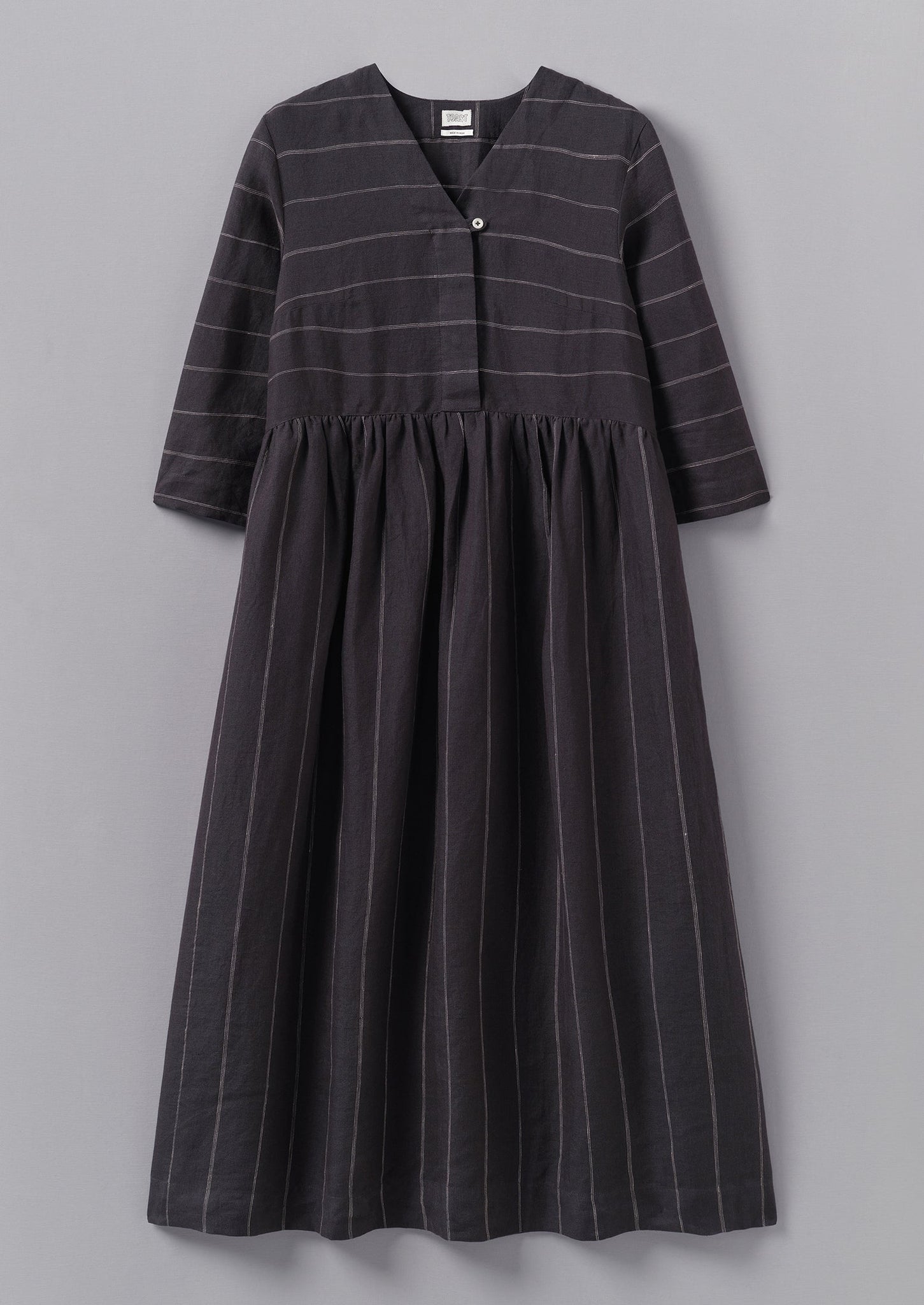 Fine Stripe Linen V-Neck Dress | Onyx