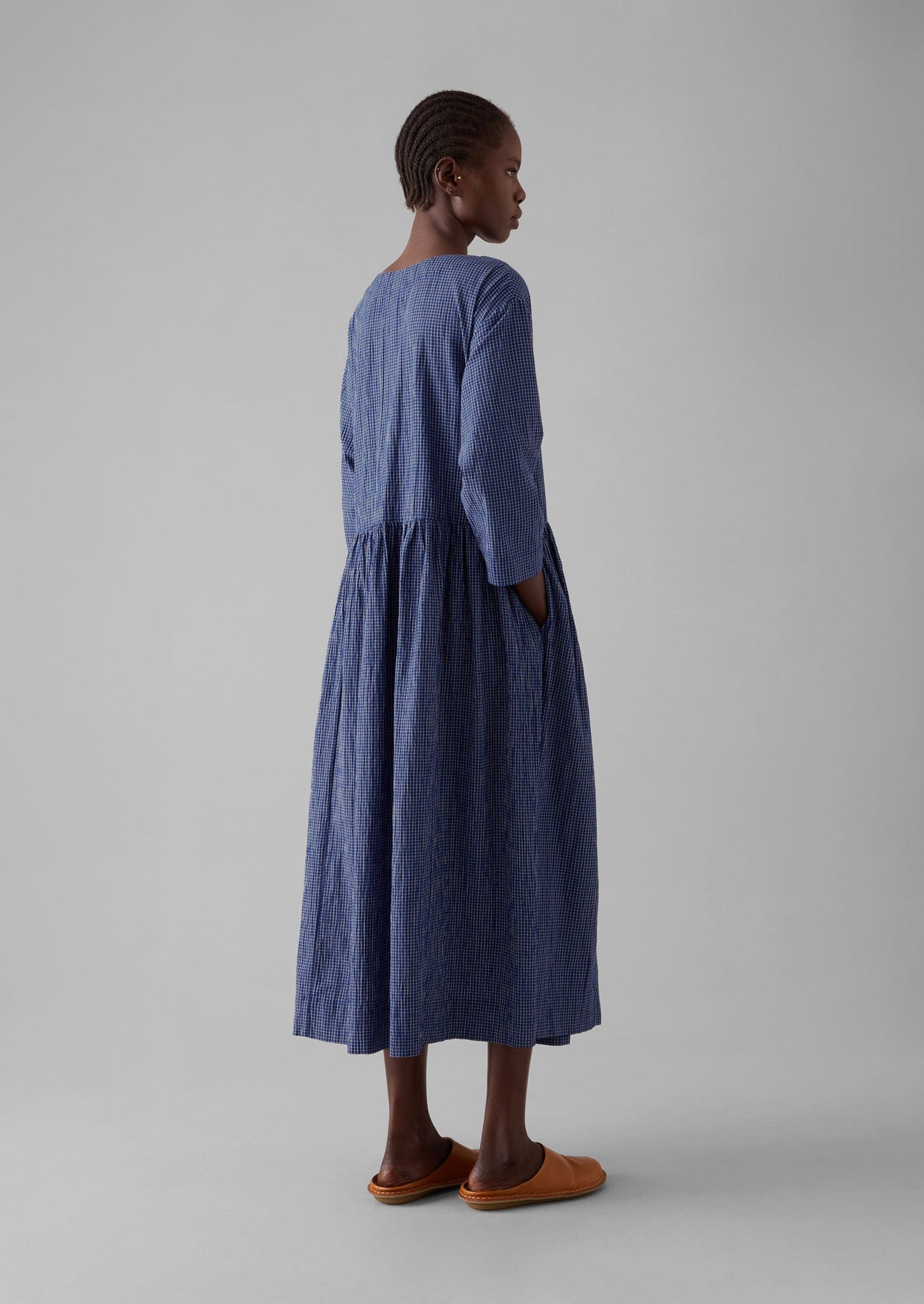 Check Crinkle Cotton Boat Neck Dress | Cobalt