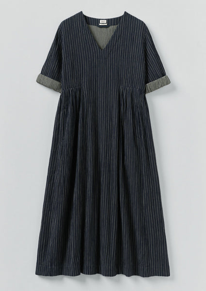 Stripe Crinkled Cotton V Neck Dress | Midnight Blue | TOAST