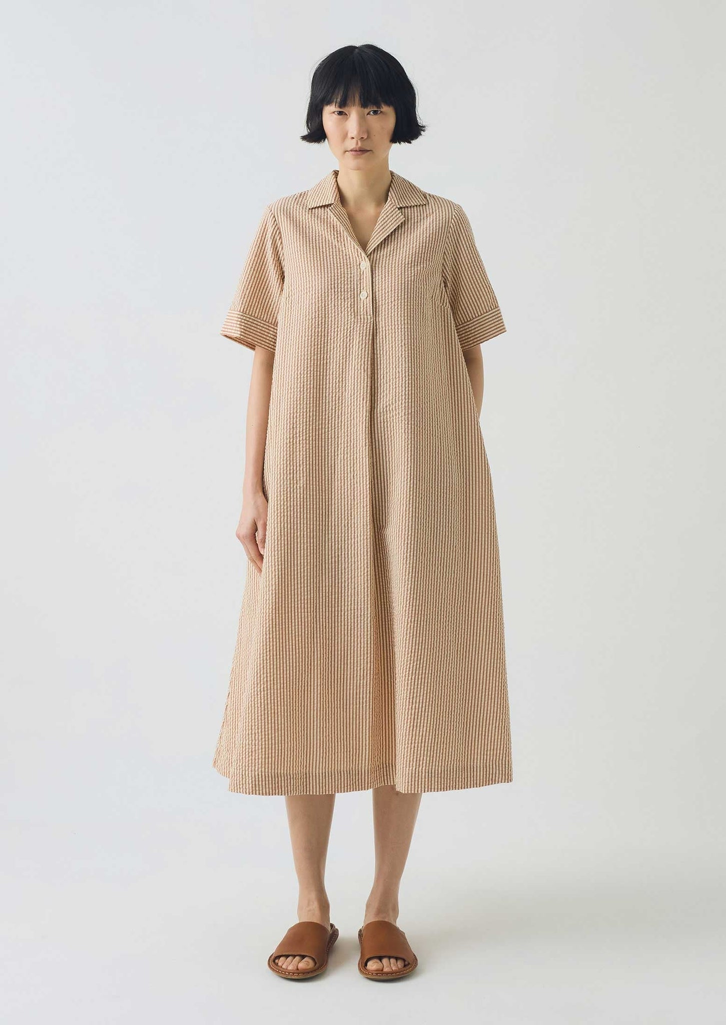 Stripe Cotton Seersucker Swing Dress | Terracotta/Ecru