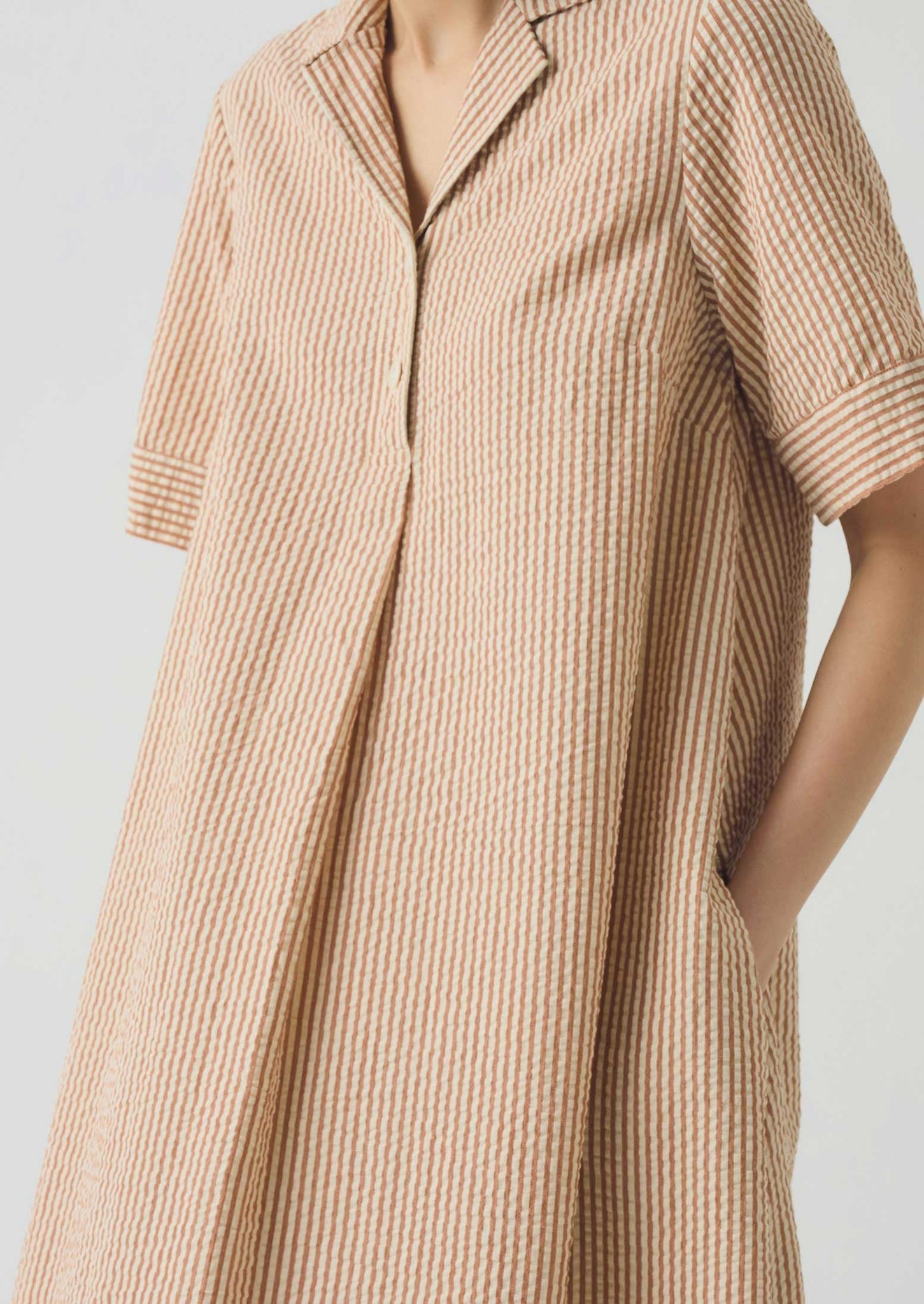 Stripe Cotton Seersucker Swing Dress | Terracotta/Ecru