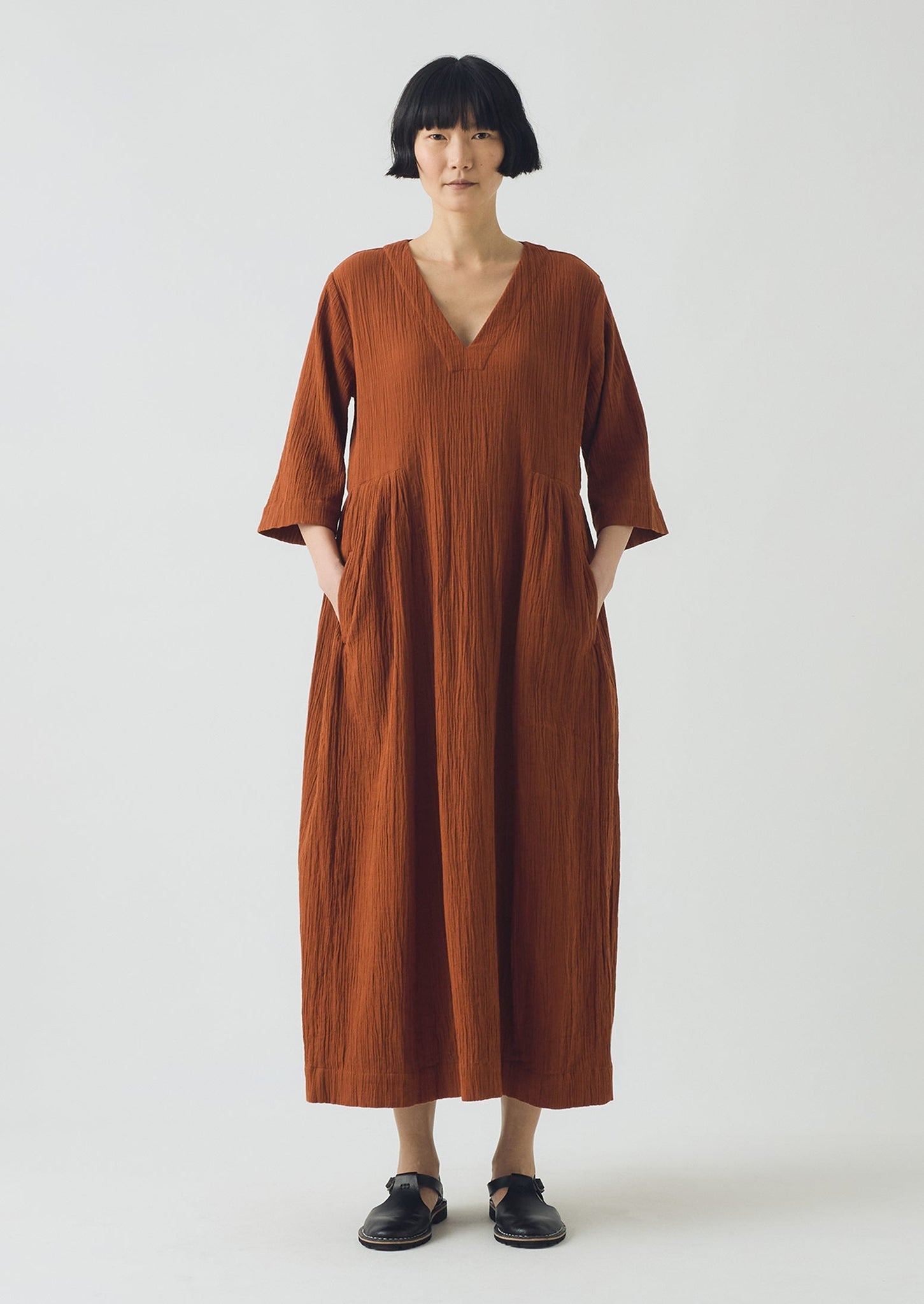 Crinkled Cotton V Neck Dress | Burnt Sienna