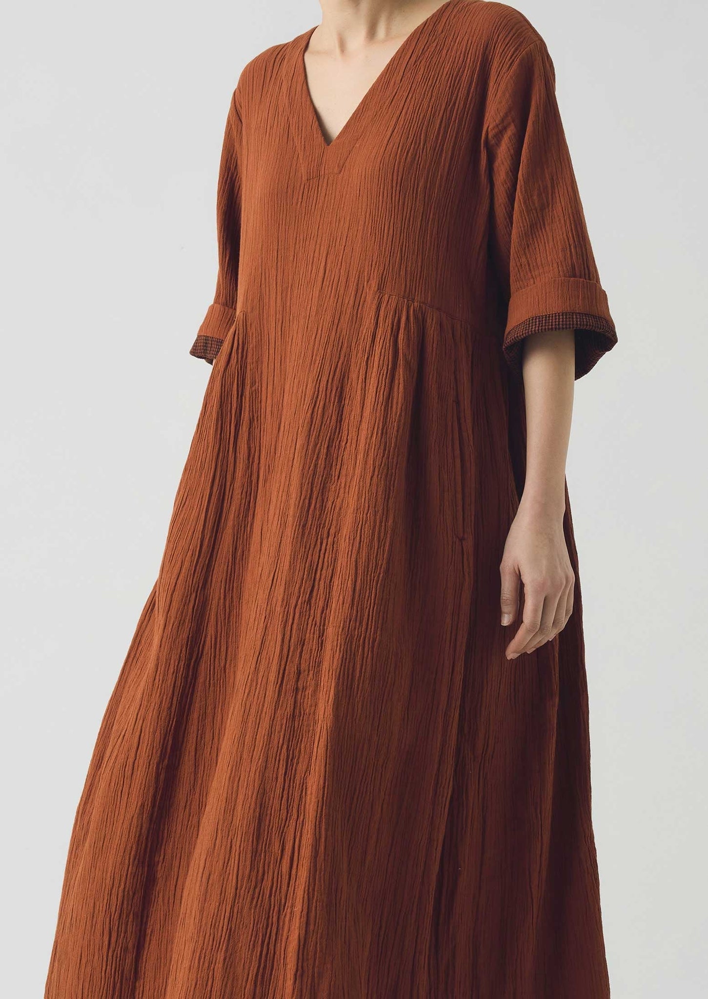 Crinkled Cotton V Neck Dress | Burnt Sienna