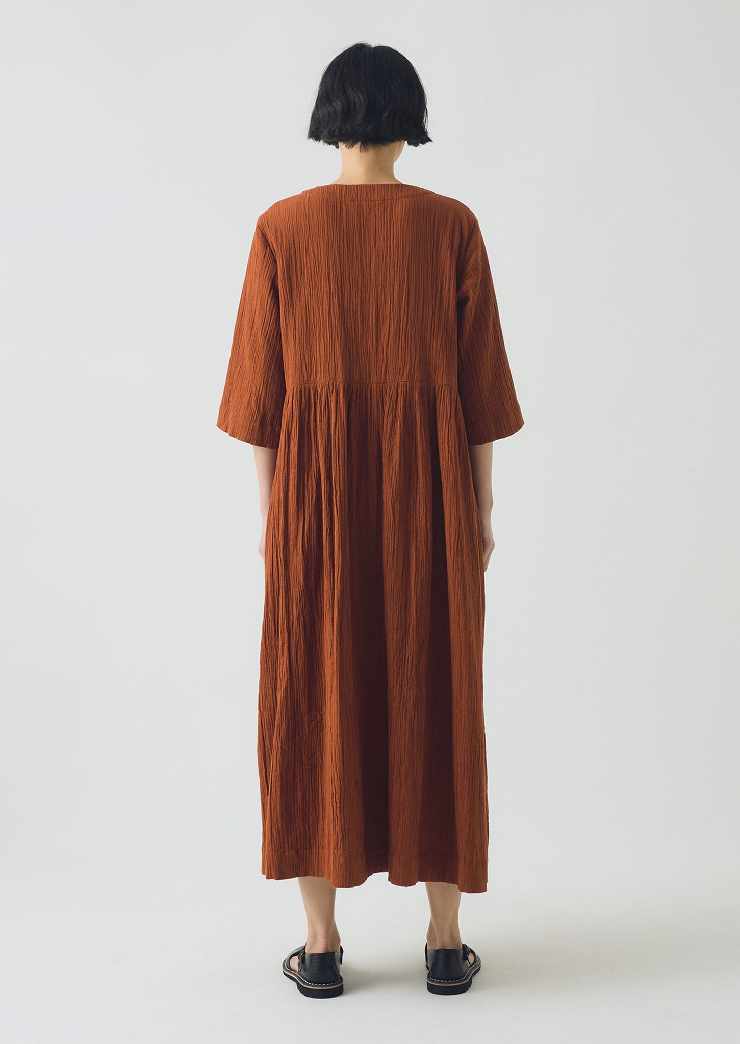Crinkled Cotton V Neck Dress | Burnt Sienna