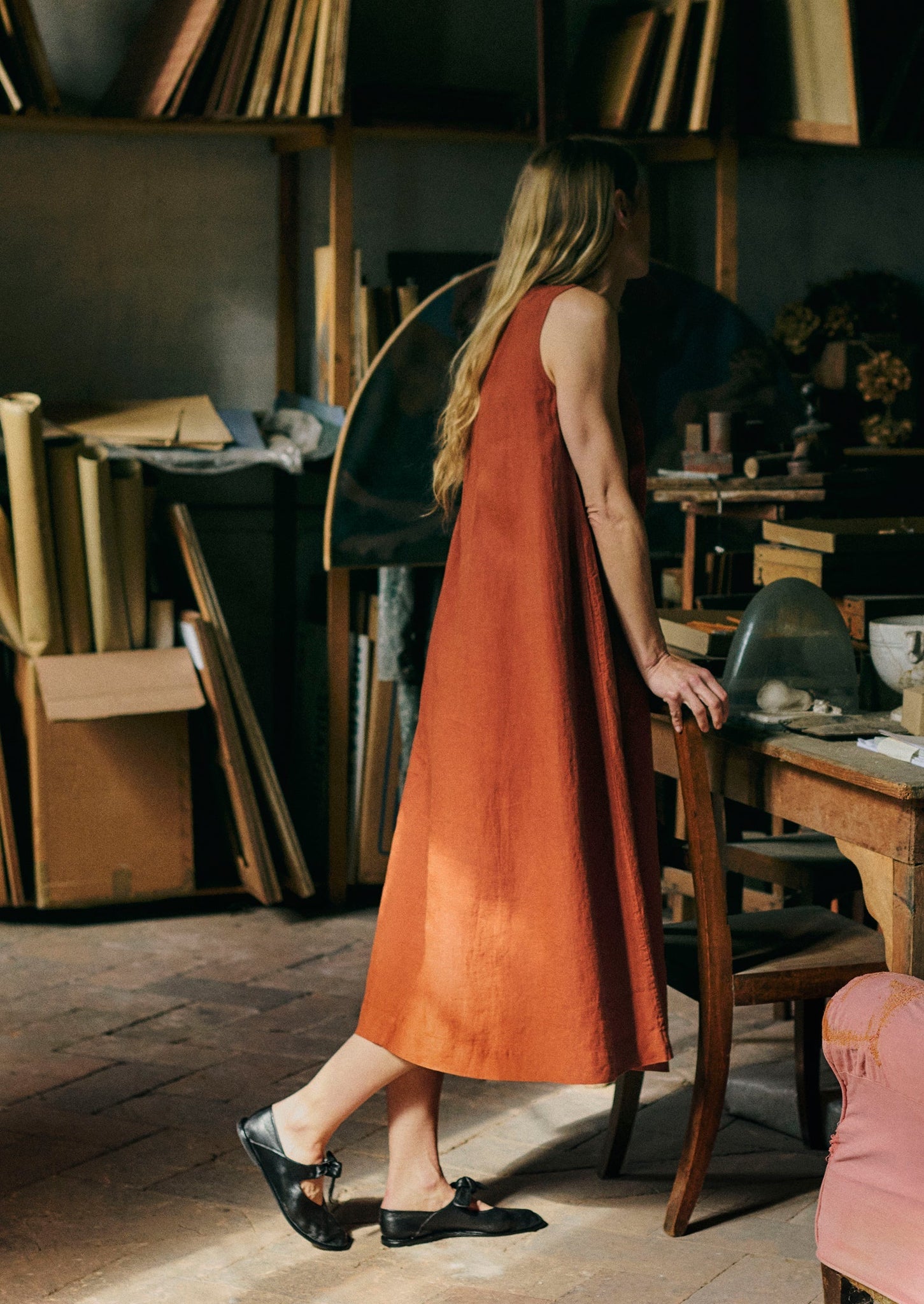 Garment Dyed Linen Sleeveless Dress | Burnt Sienna