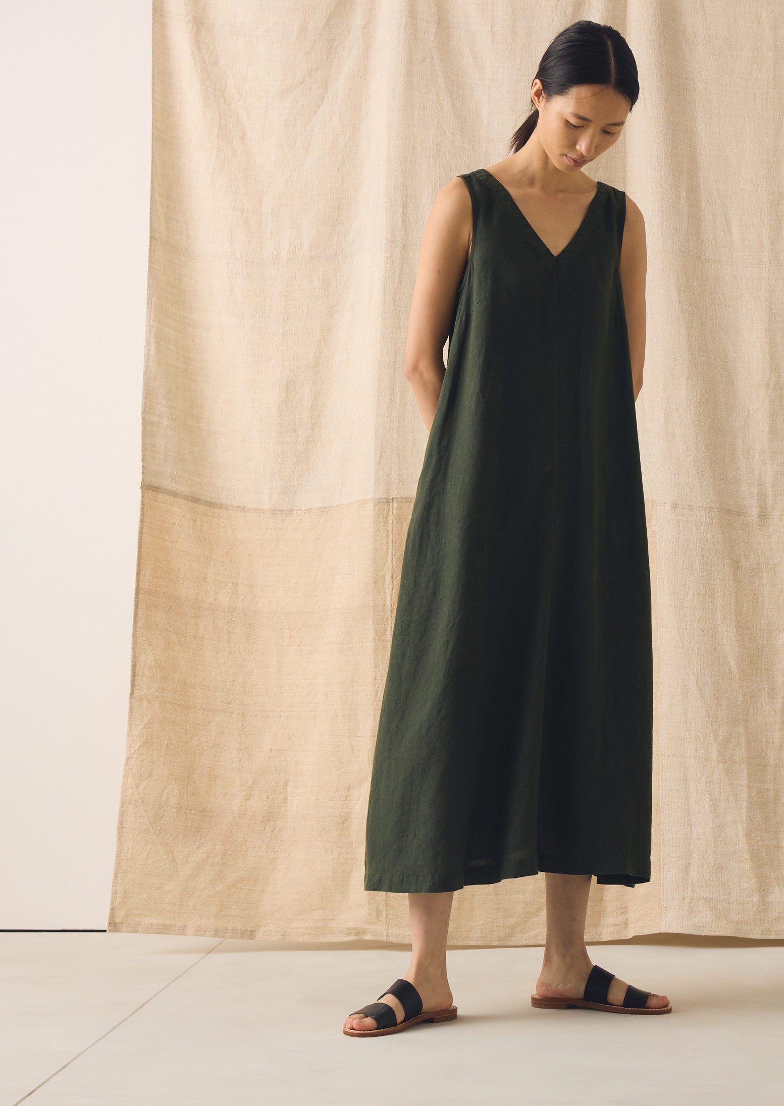 Garment Dyed Linen Sleeveless Dress | Dark Olive | TOAST