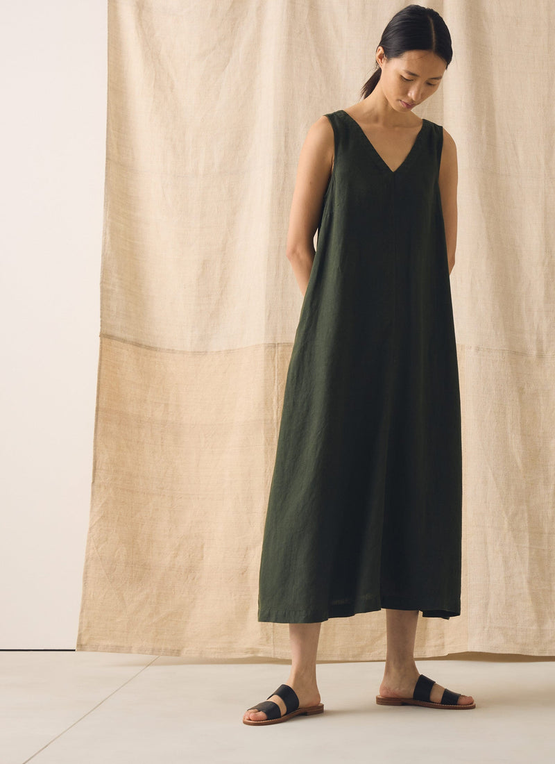 Garment Dyed Linen Sleeveless Dress | Dark Olive