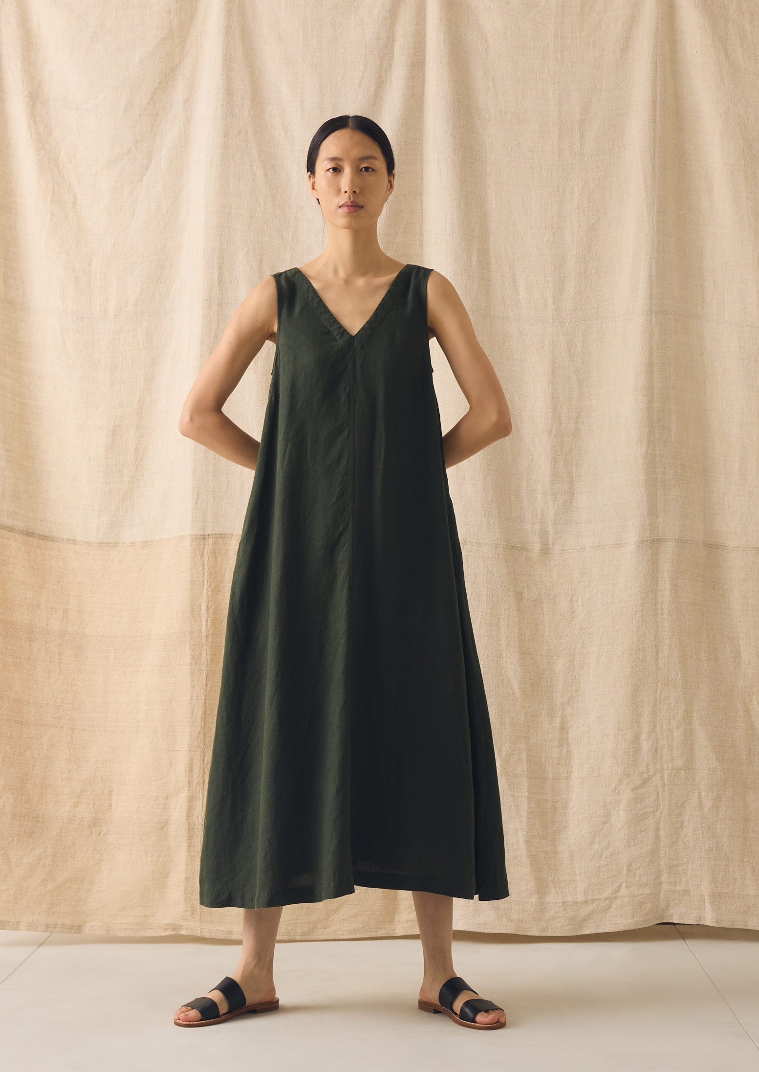 Garment Dyed Linen Sleeveless Dress | Dark Olive | TOAST