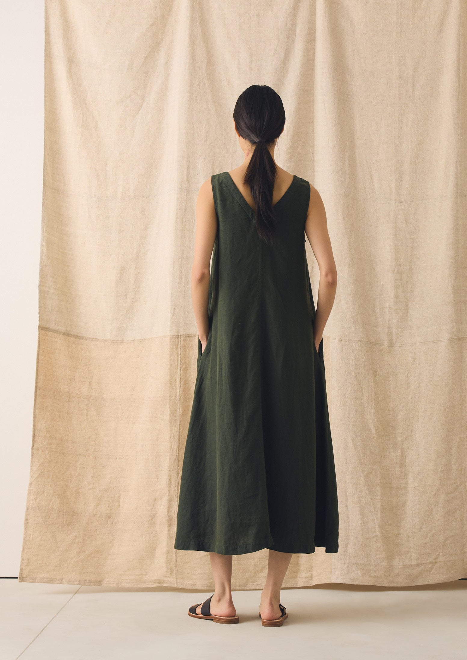 Garment Dyed Linen Sleeveless Dress | Dark Olive | TOAST