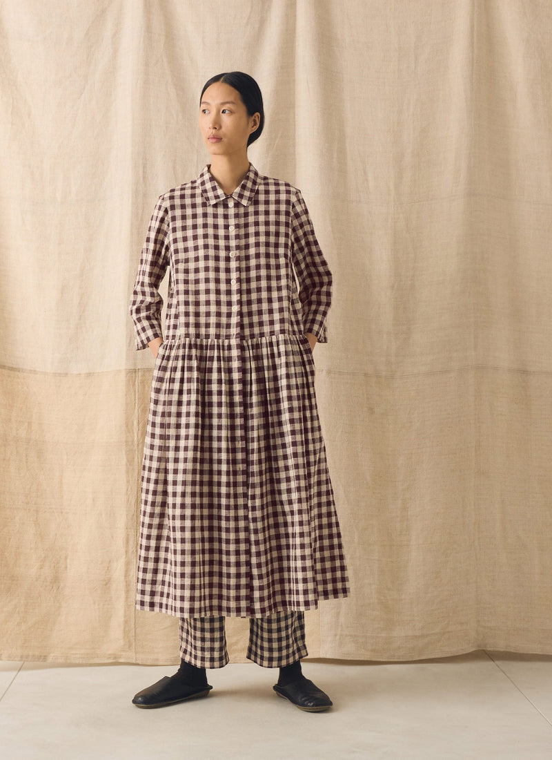 Check Linen Cotton Shirt Dress | Dark Chocolate/Ecru