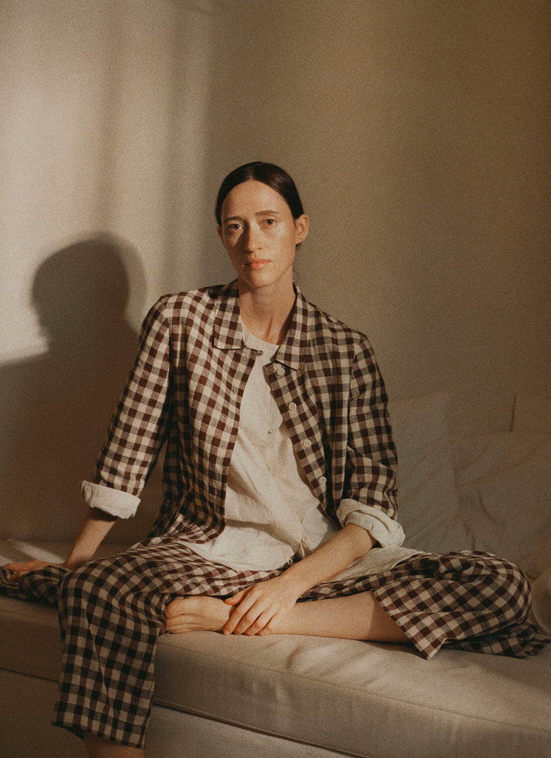 Check Linen Cotton Shirt Dress | Dark Chocolate/Ecru