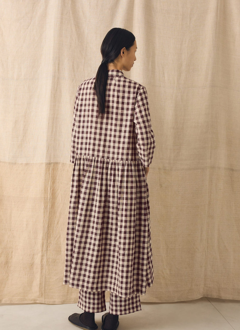 Check Linen Cotton Shirt Dress | Dark Chocolate/Ecru
