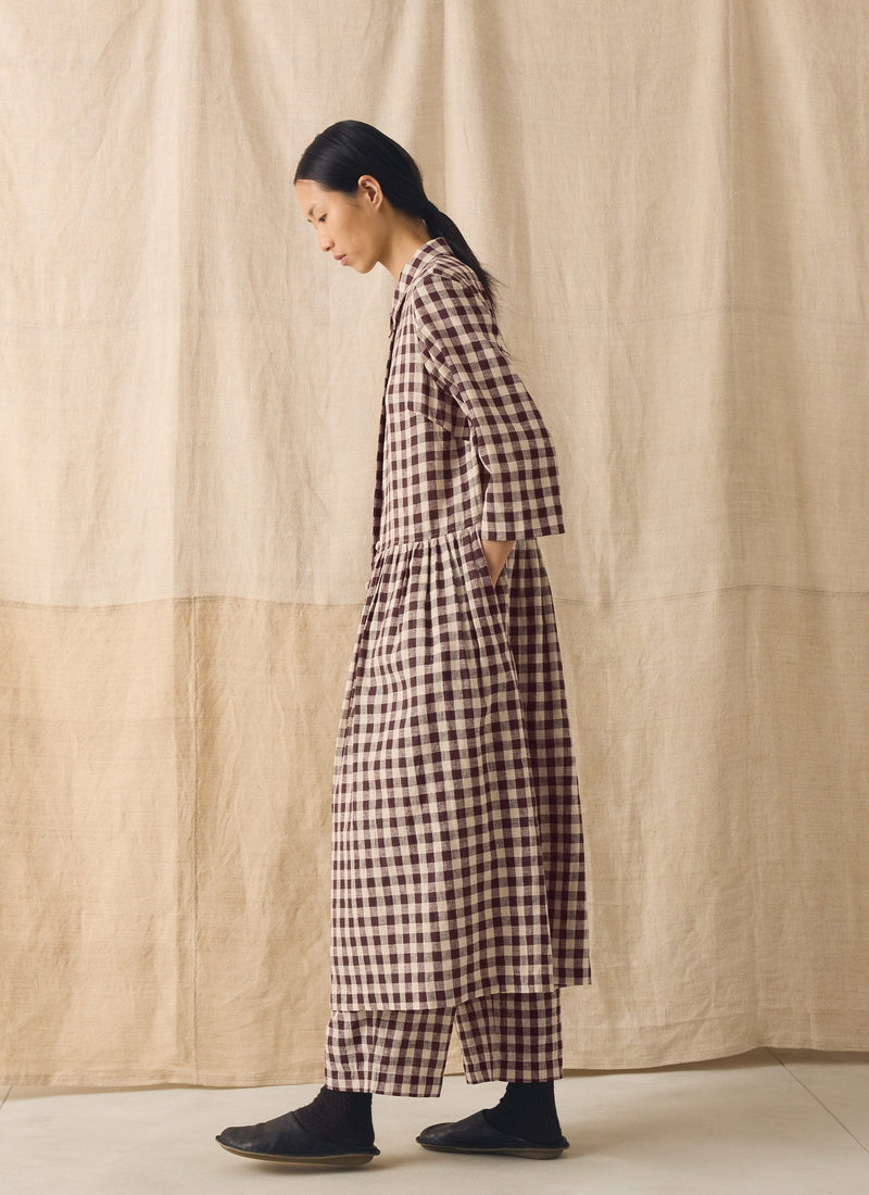 Check Linen Cotton Shirt Dress | Dark Chocolate/Ecru