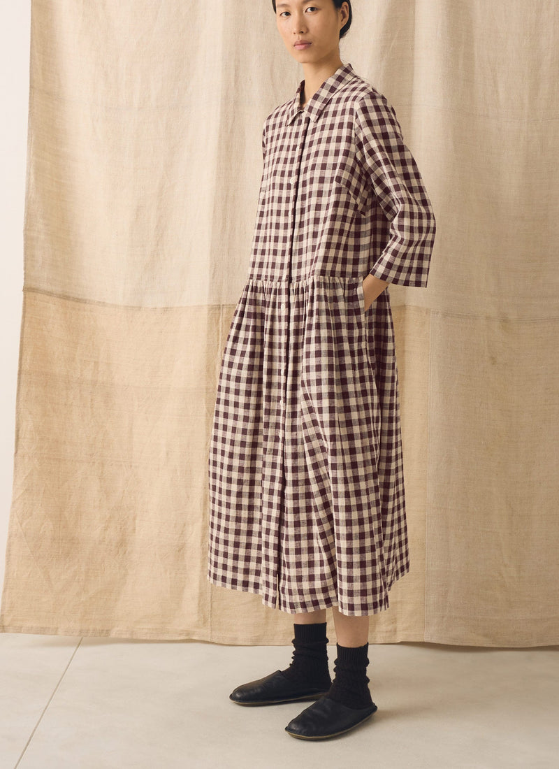Check Linen Cotton Shirt Dress | Dark Chocolate/Ecru