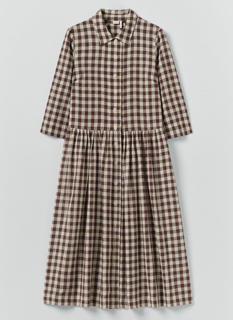 Check Linen Cotton Shirt Dress | Dark Chocolate/Ecru