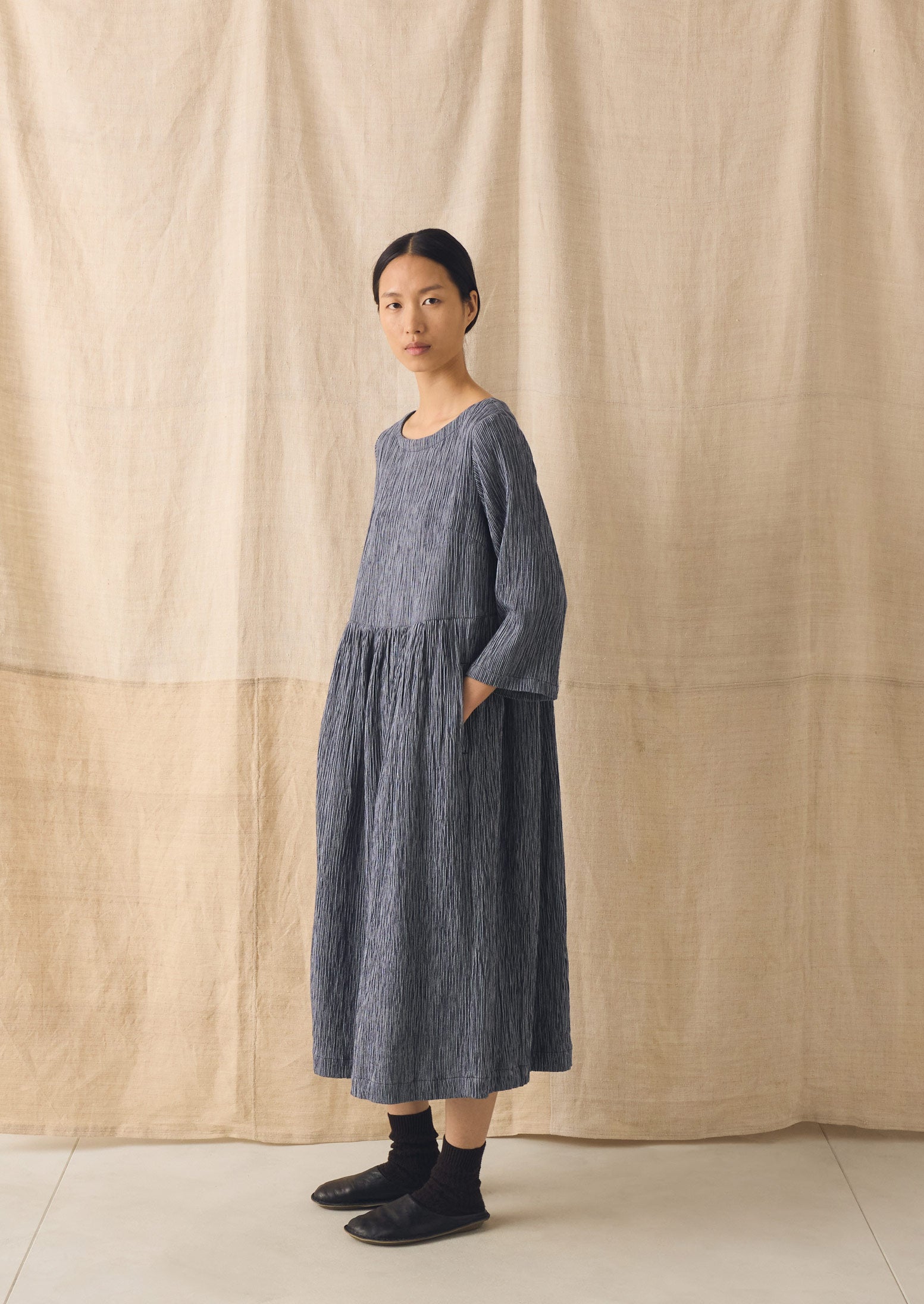 Freya Crinkle Cotton Dress | Dark Blue/White | TOAST