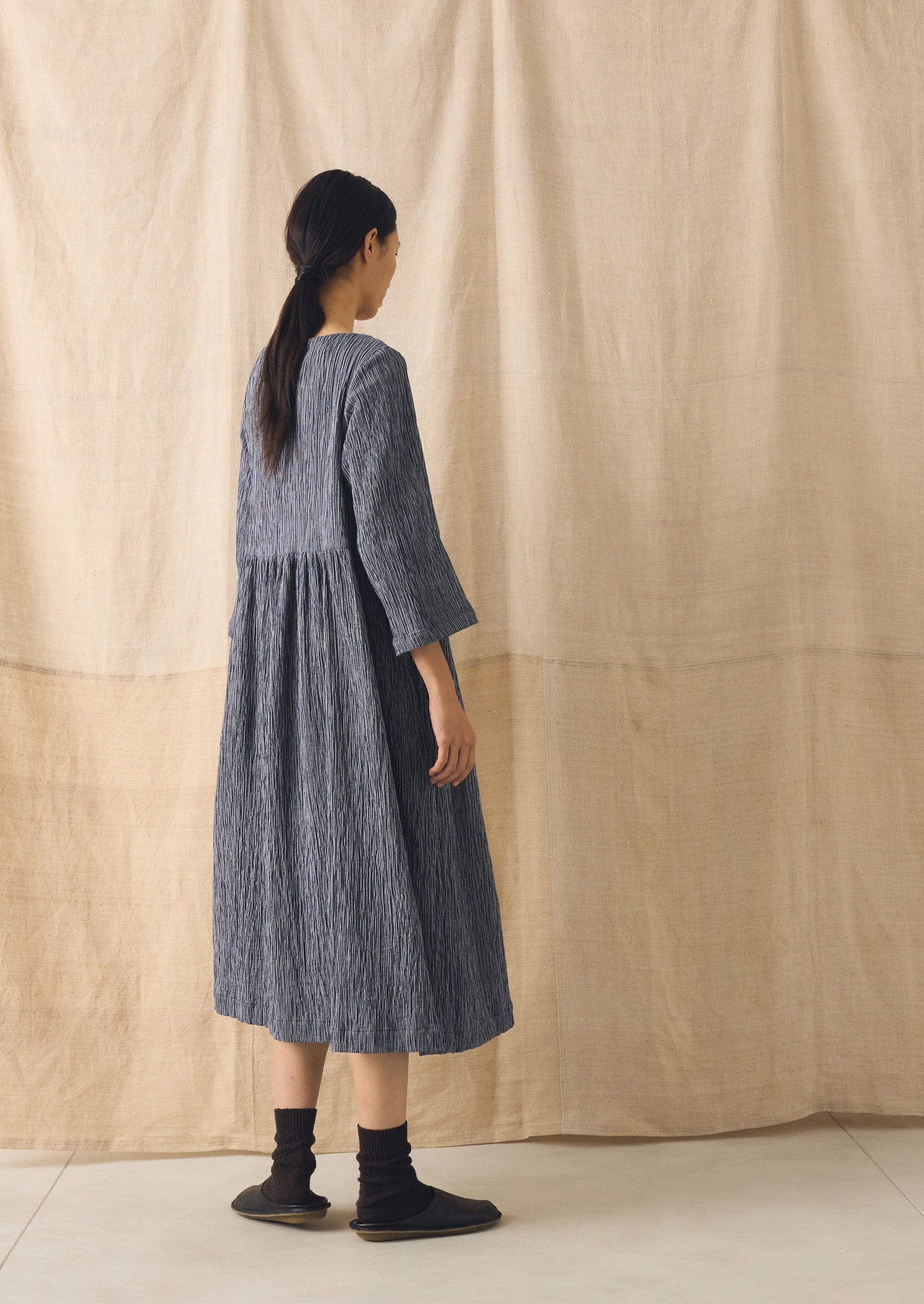 Freya Crinkle Cotton Dress | Dark Blue/White | TOAST