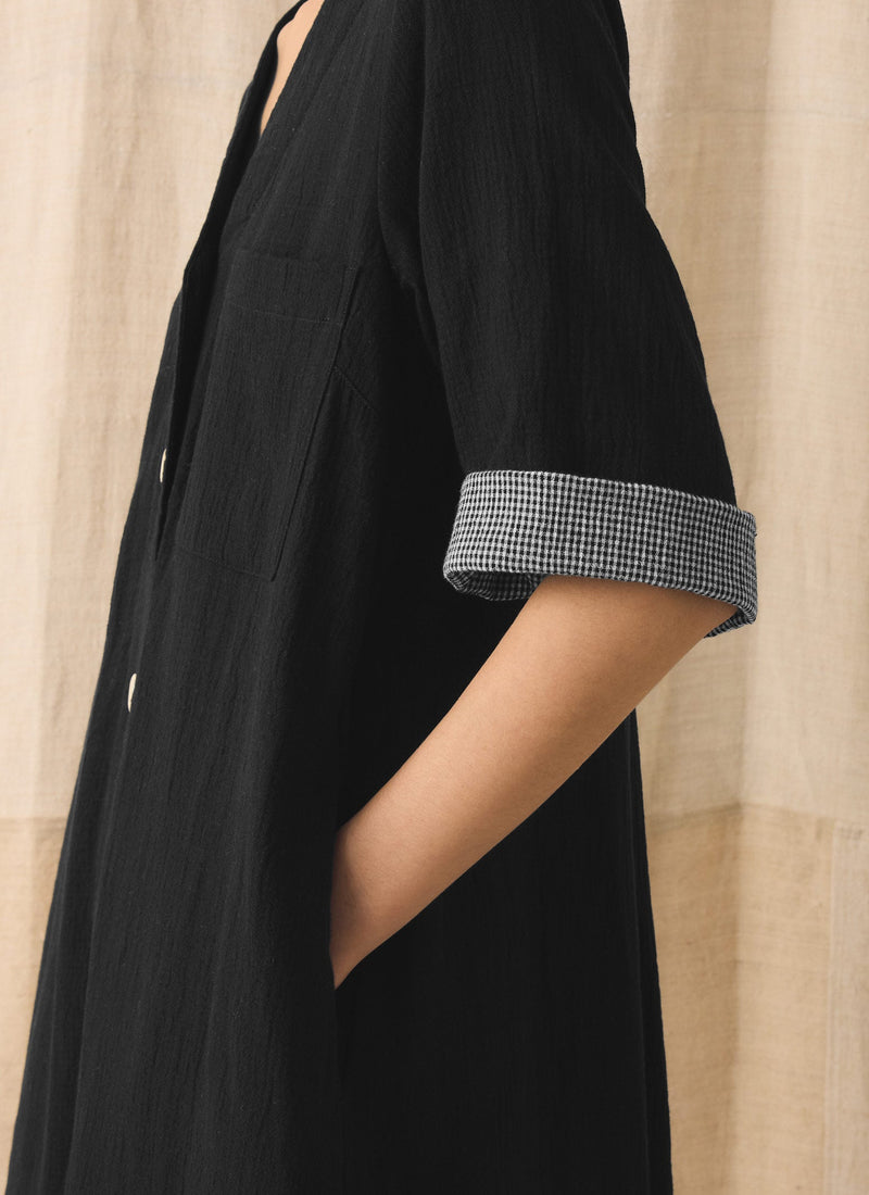 Button Front Crinkle Cotton Dress | Black